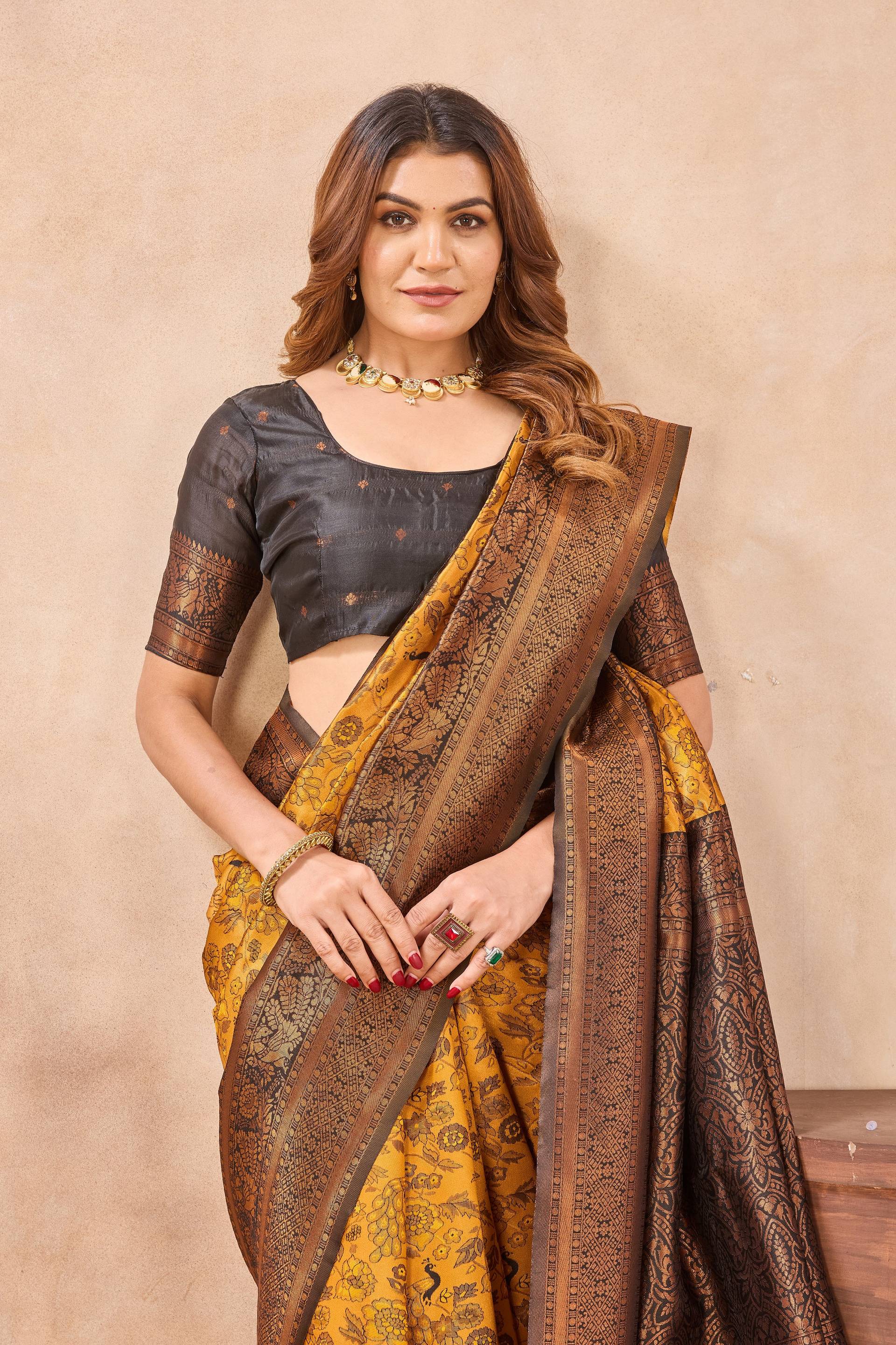 Divine International Trading Co Yellow Black Soft Silk Blend Banarasi Jacuard Work Designer Party Wear Saree With Unstitched Blouse Piece | Grocsy