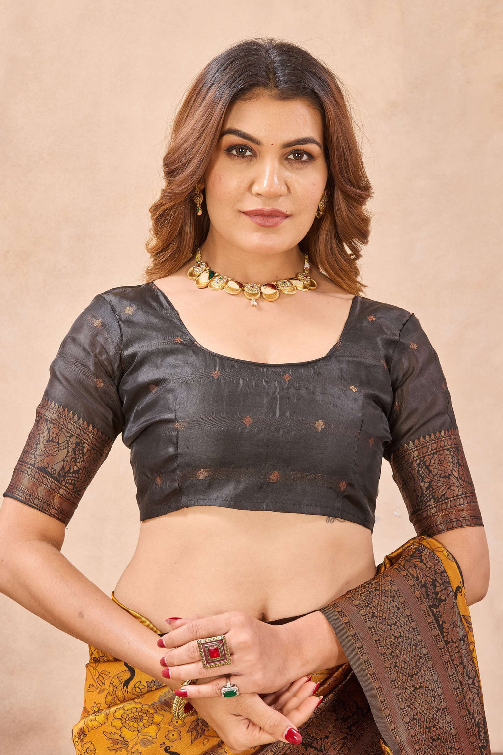 Divine International Trading Co Yellow Black Soft Silk Blend Banarasi Jacuard Work Designer Party Wear Saree With Unstitched Blouse Piece | Grocsy