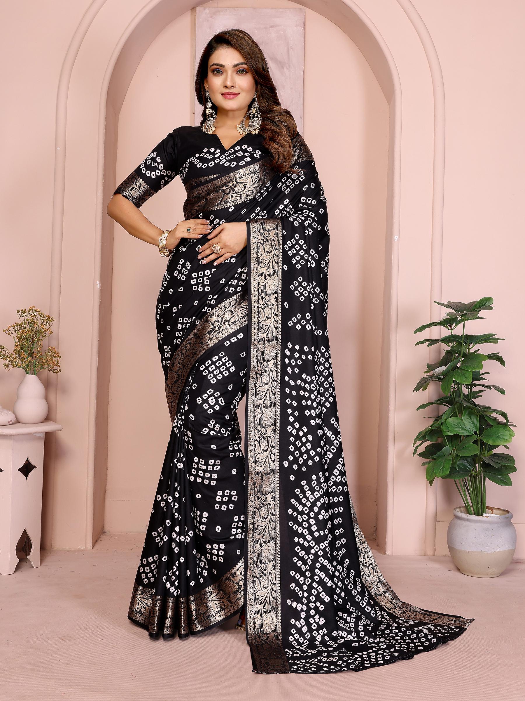 Anaita Black Pure Bandhej Silk Saree With Zari Weaving Work | Grocsy