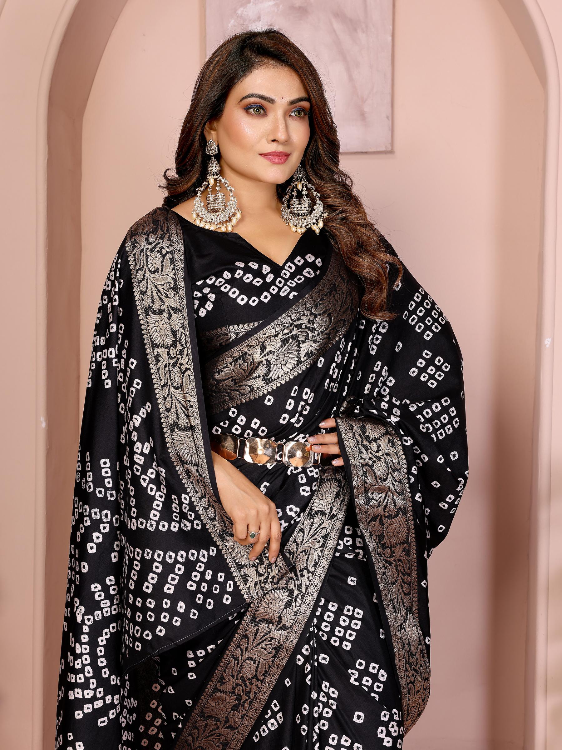 Anaita Black Pure Bandhej Silk Saree With Zari Weaving Work | Grocsy