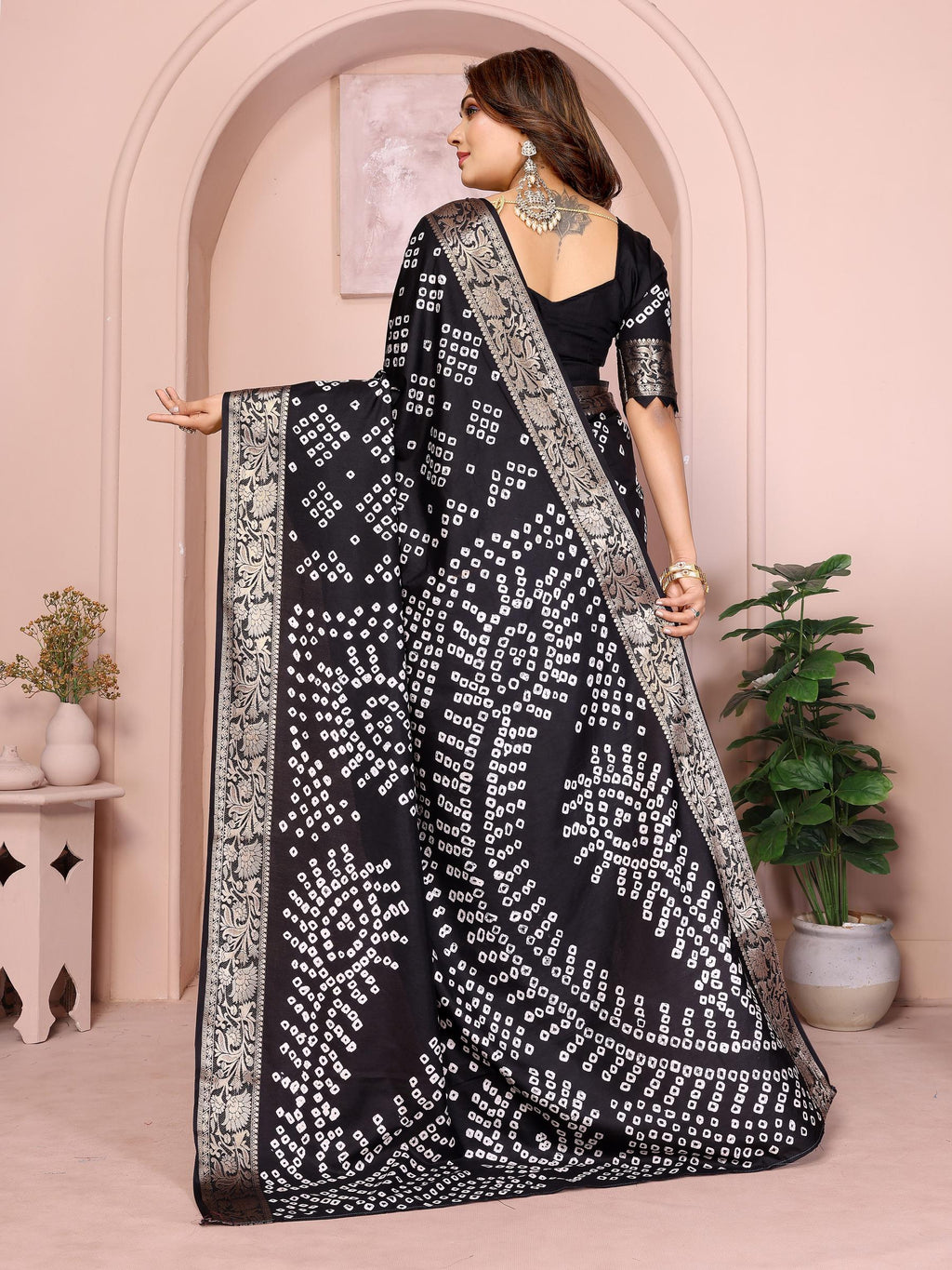 Anaita Black Pure Bandhej Silk Saree With Zari Weaving Work | Grocsy