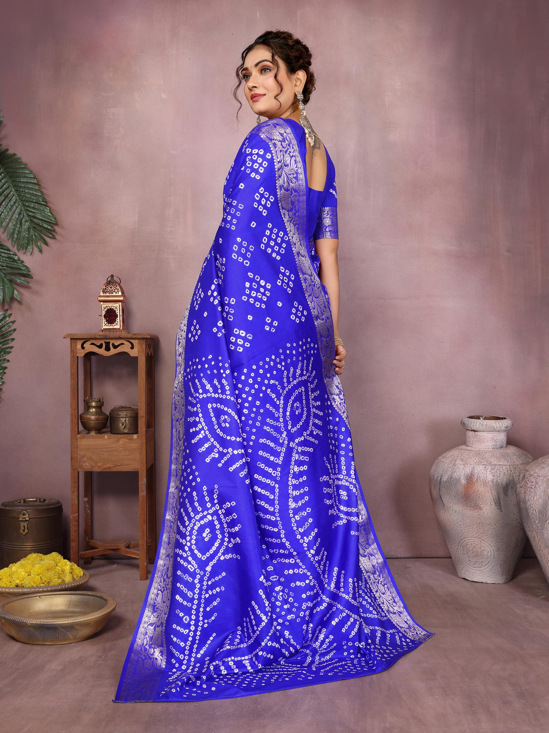 Anaita Blue Pure Bandhej Silk Saree With Zari Weaving Work | Grocsy