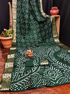 Anaita Dark Green Pure Bandhej Silk Saree With Zari Weaving Work | Grocsy