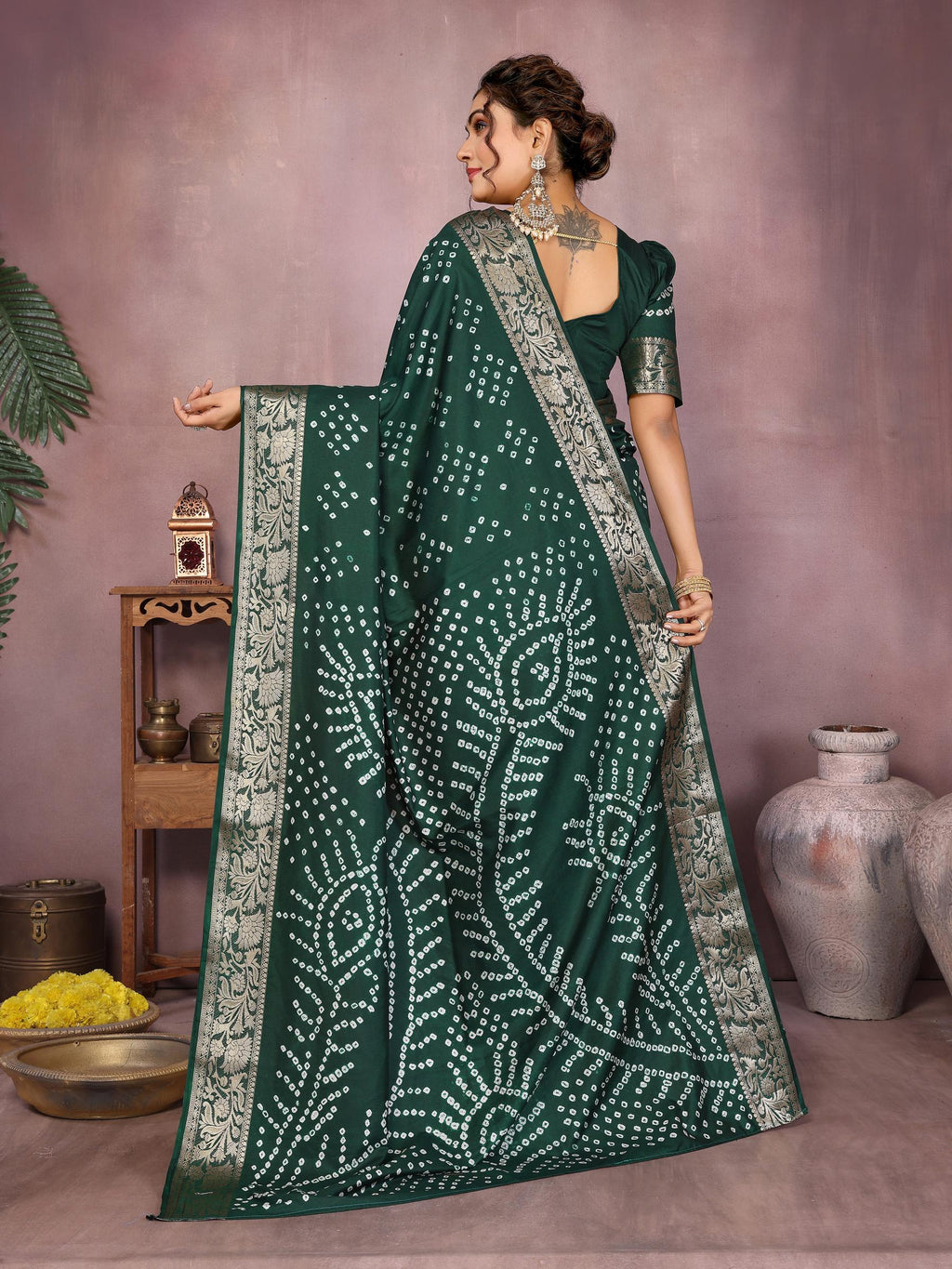 Anaita Dark Green Pure Bandhej Silk Saree With Zari Weaving Work | Grocsy
