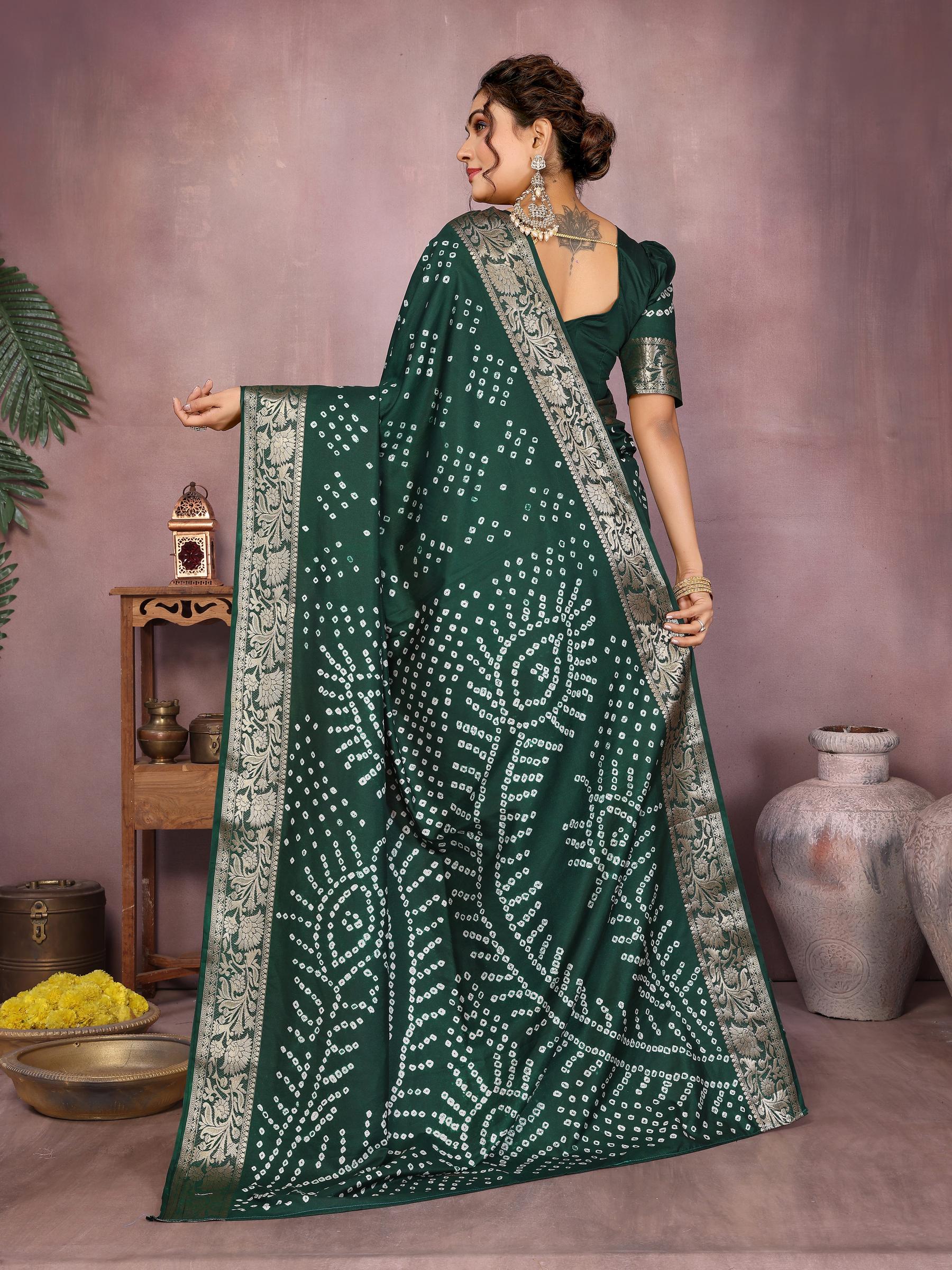 Anaita Dark Green Pure Bandhej Silk Saree With Zari Weaving Work | Grocsy