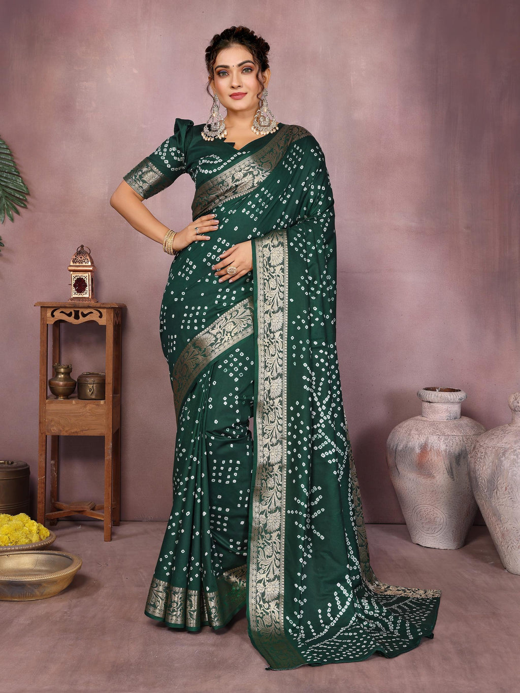 Anaita Dark Green Pure Bandhej Silk Saree With Zari Weaving Work | Grocsy