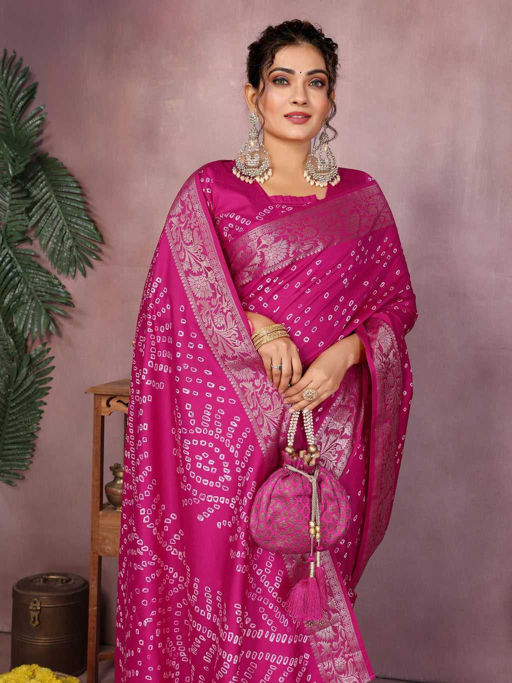 Anaita Magenta Pure Bandhej Silk Saree With Zari Weaving Work | Grocsy