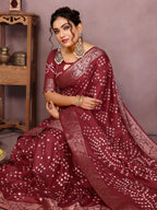 Anaita Maroon Pure Bandhej Silk Saree With Zari Weaving Work | Grocsy