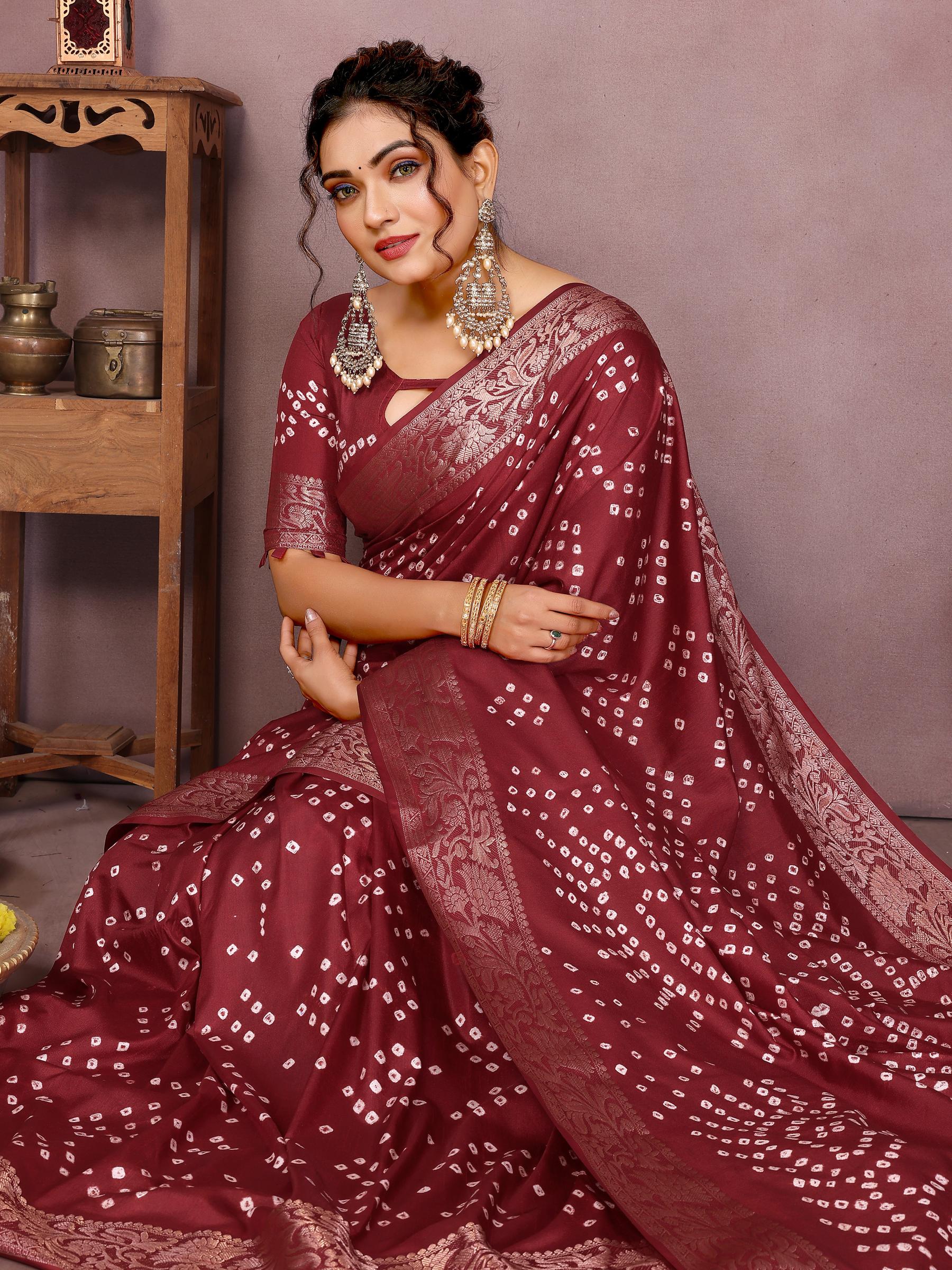 Anaita Maroon Pure Bandhej Silk Saree With Zari Weaving Work | Grocsy