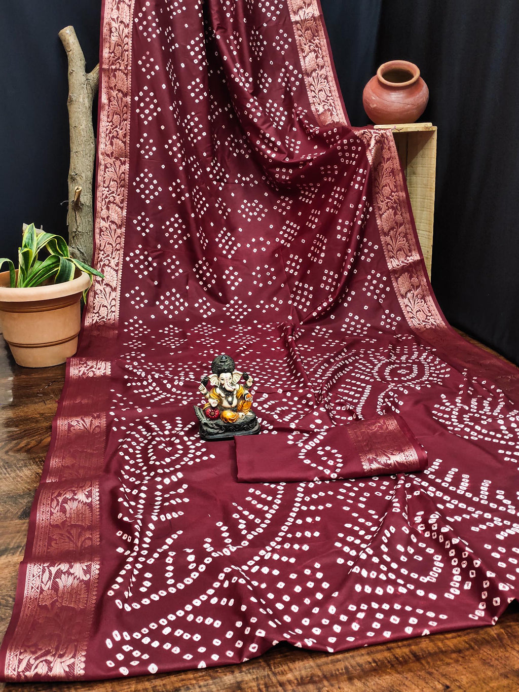 Anaita Maroon Pure Bandhej Silk Saree With Zari Weaving Work | Grocsy