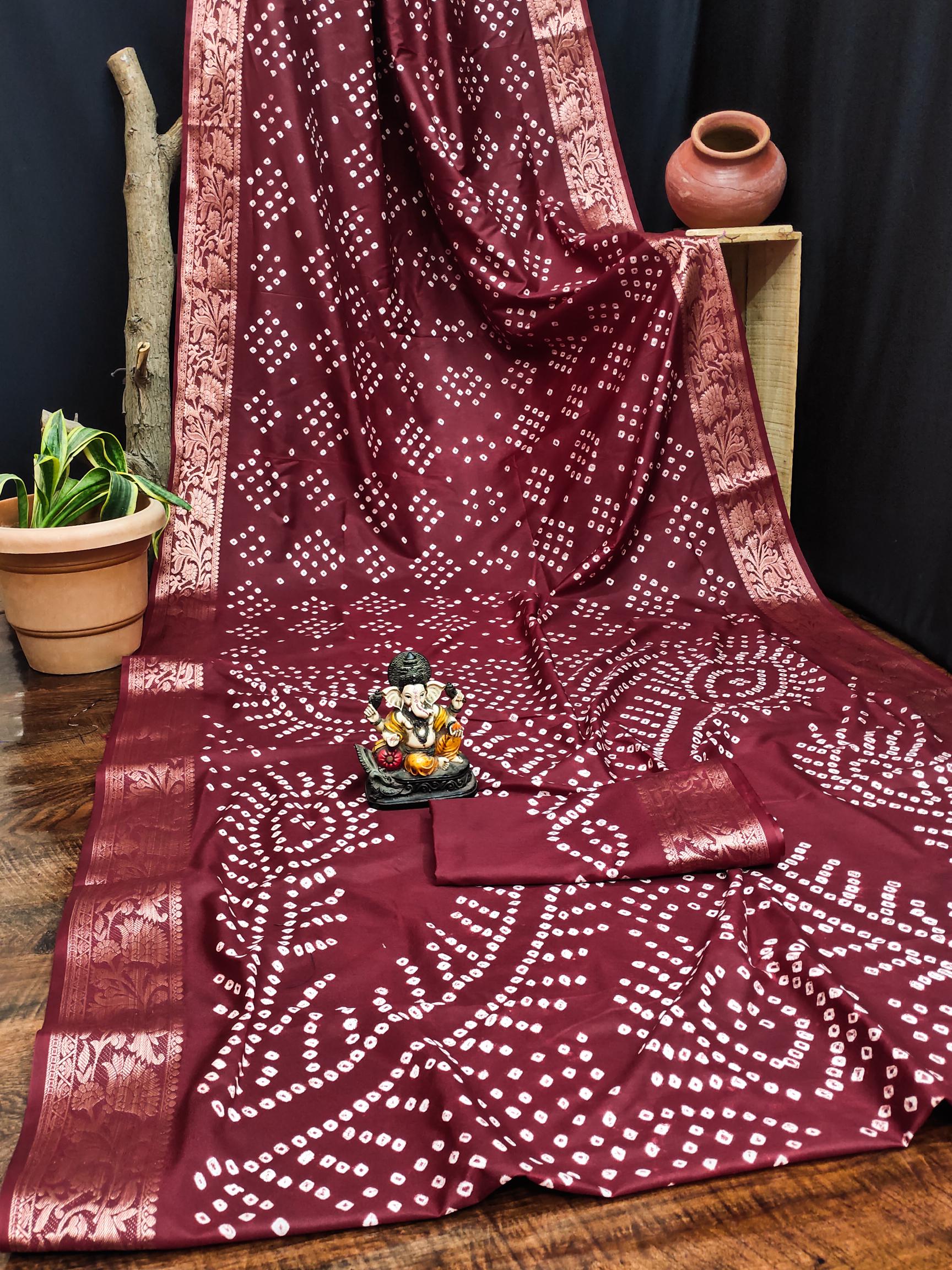 Anaita Maroon Pure Bandhej Silk Saree With Zari Weaving Work | Grocsy