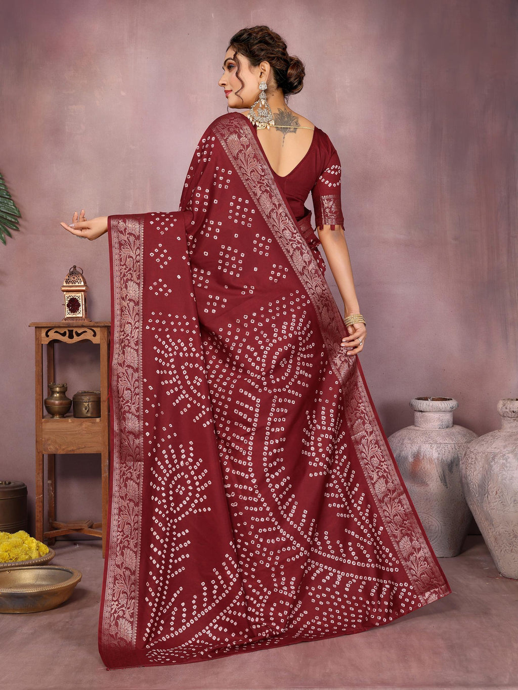 Anaita Maroon Pure Bandhej Silk Saree With Zari Weaving Work | Grocsy