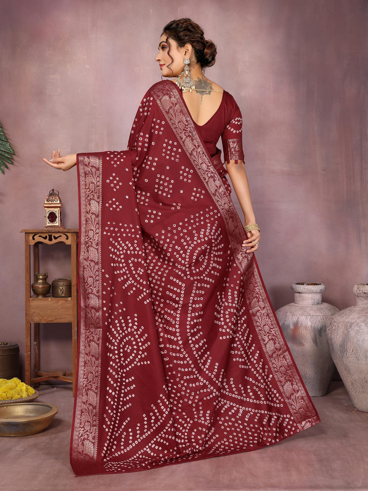 Anaita Maroon Pure Bandhej Silk Saree With Zari Weaving Work | Grocsy