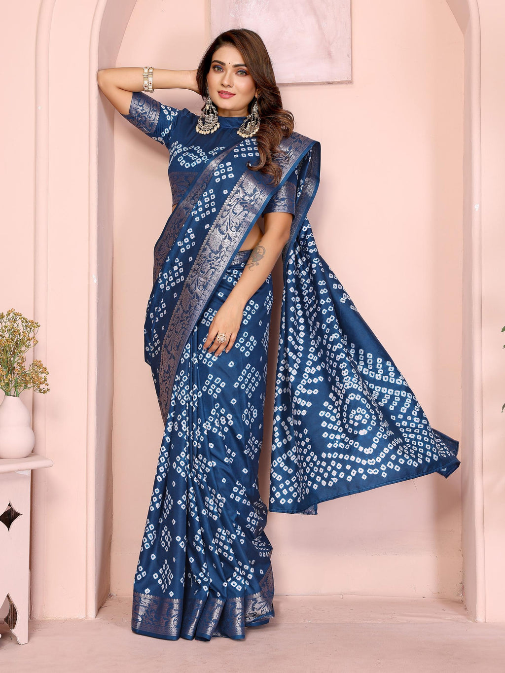Anaita Navy Pure Bandhej Silk Saree With Zari Weaving Work | Grocsy
