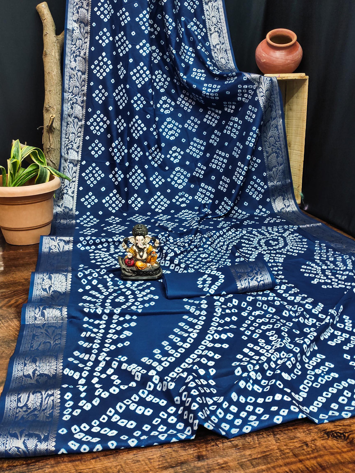 Anaita Navy Pure Bandhej Silk Saree With Zari Weaving Work | Grocsy
