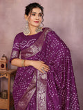 Anaita Purple Pure Bandhej Silk Saree With Zari Weaving Work | Grocsy