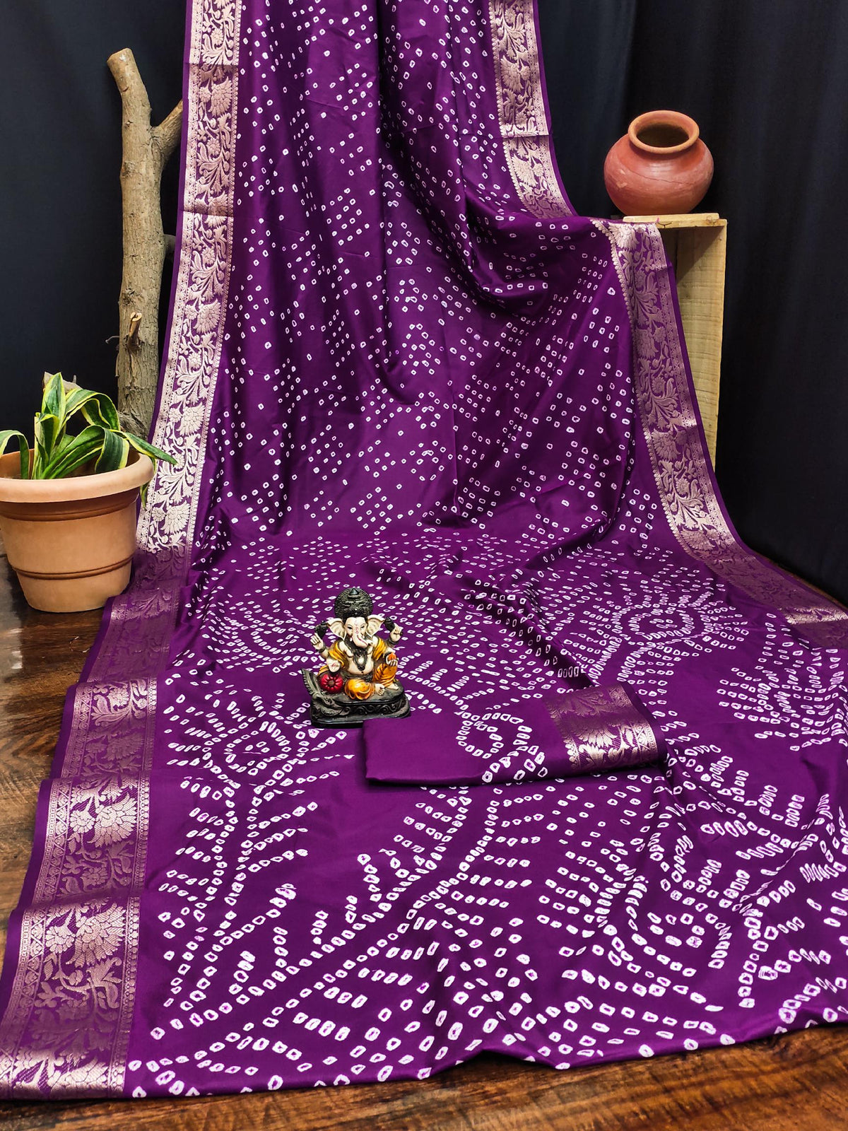Anaita Purple Pure Bandhej Silk Saree With Zari Weaving Work | Grocsy