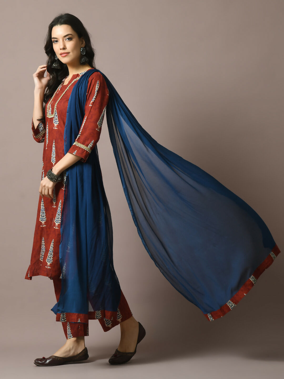 Myshka Women's Rust Printed Cotton Straight Party Kurta Set With Dupatta | Grocsy