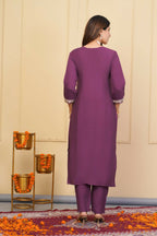 Wine Viscose Chanderi Embroidered Stitched Suit With Dupatta - Tanisha | Grocsy