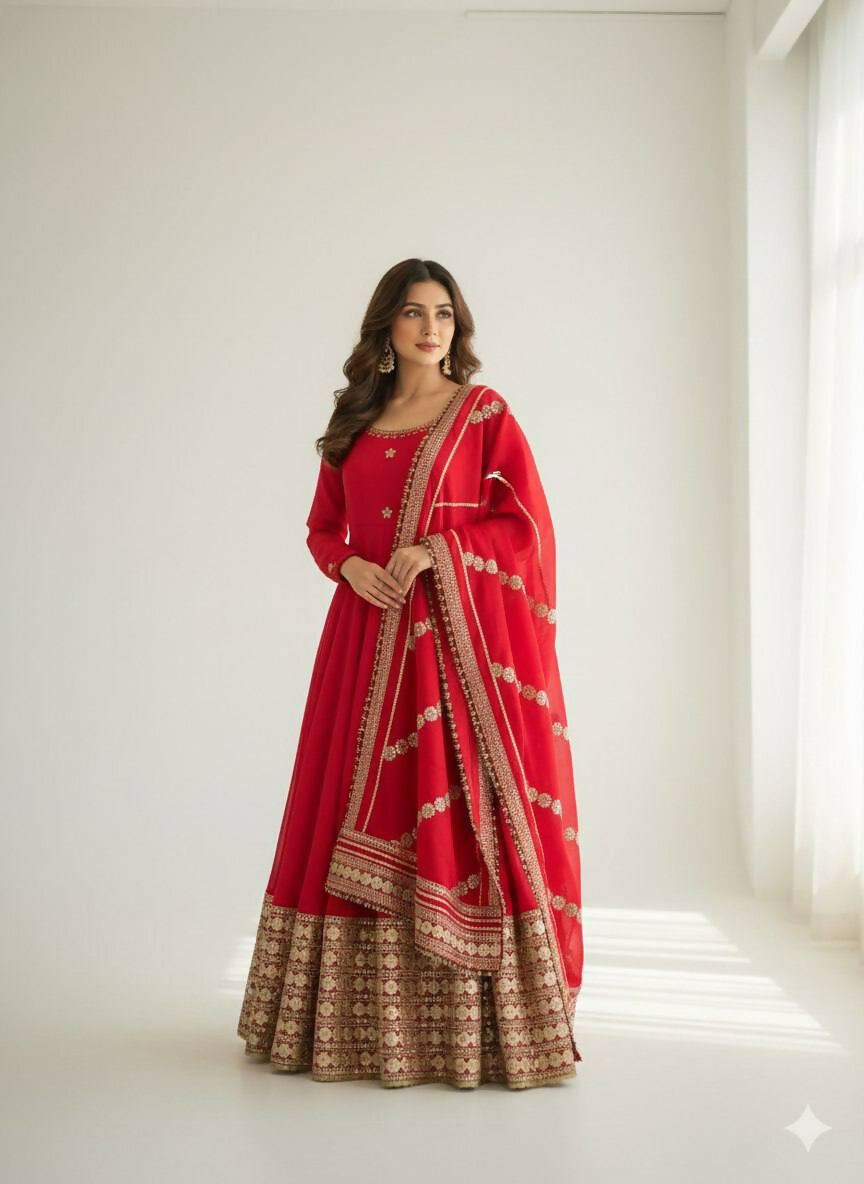 Teeya Creation Womens New Fancy Silk Heavy Quality Fabricwith Handwork Red Gown Set | Grocsy
