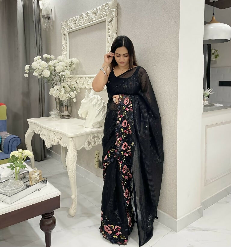 Black Shimmer Silk Multi Thread Sequence Embroidery Work Saree - Kashta | Grocsy