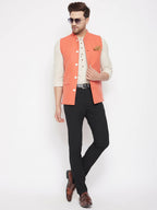 Even Apparels Orange Wool Men Woven Nehru Jacket | Grocsy