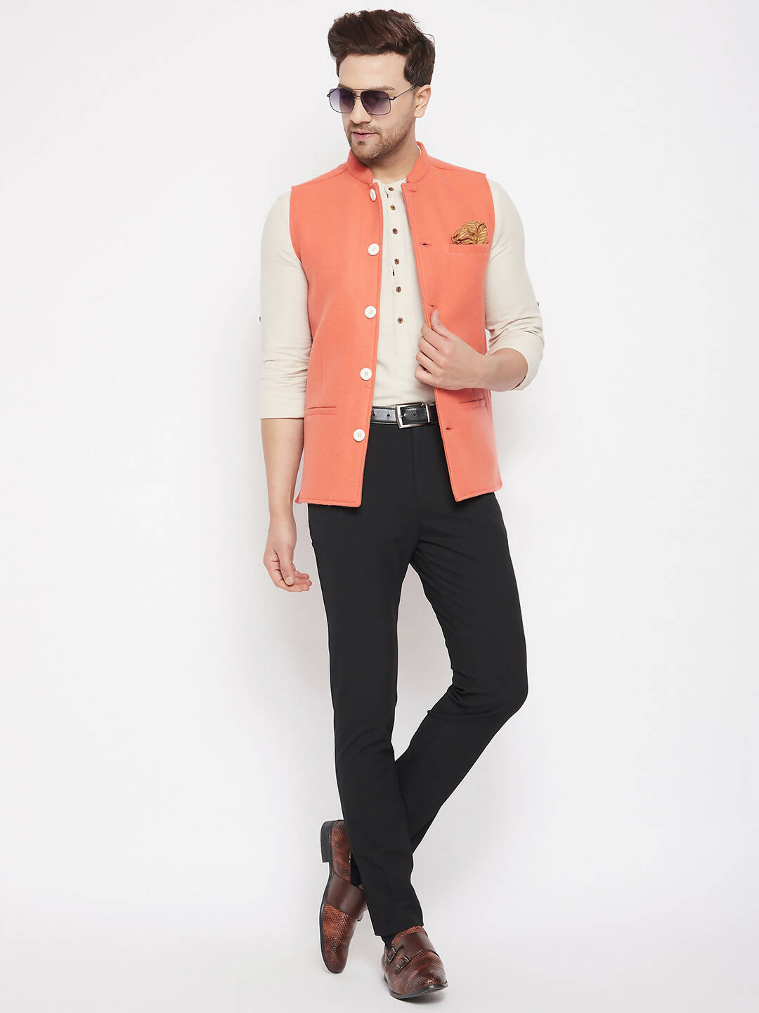 Even Apparels Orange Wool Men Woven Nehru Jacket | Grocsy