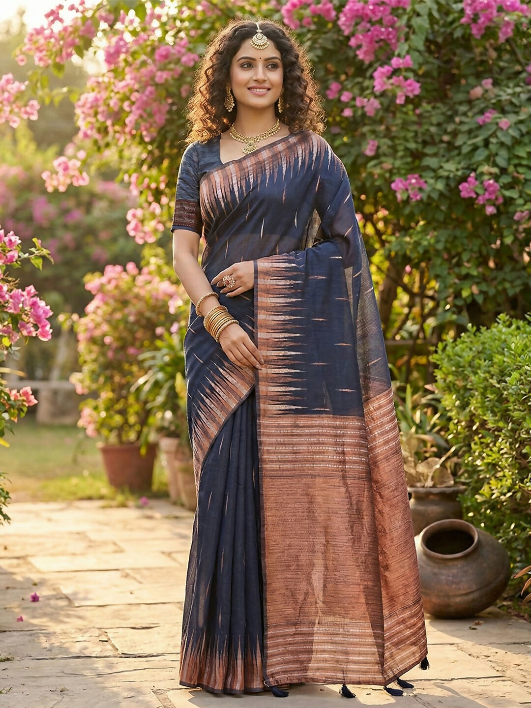 Shree Shyam Fashion Navy Blue Linen Cotton Saree | Grocsy