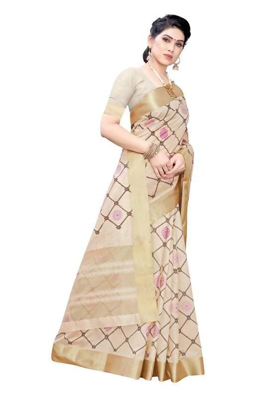 Vamika Weaving Cream Cotton Polyester Silk Saree (KERALA CHECKS) | Grocsy