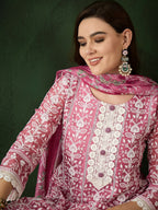Pink Crystal Organza schiffli embroidery Kurta With Trouser & Dupatta - Bhumi | Grocsy