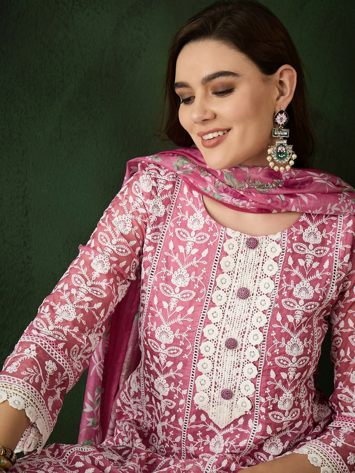 Pink Crystal Organza schiffli embroidery Kurta With Trouser & Dupatta - Bhumi | Grocsy