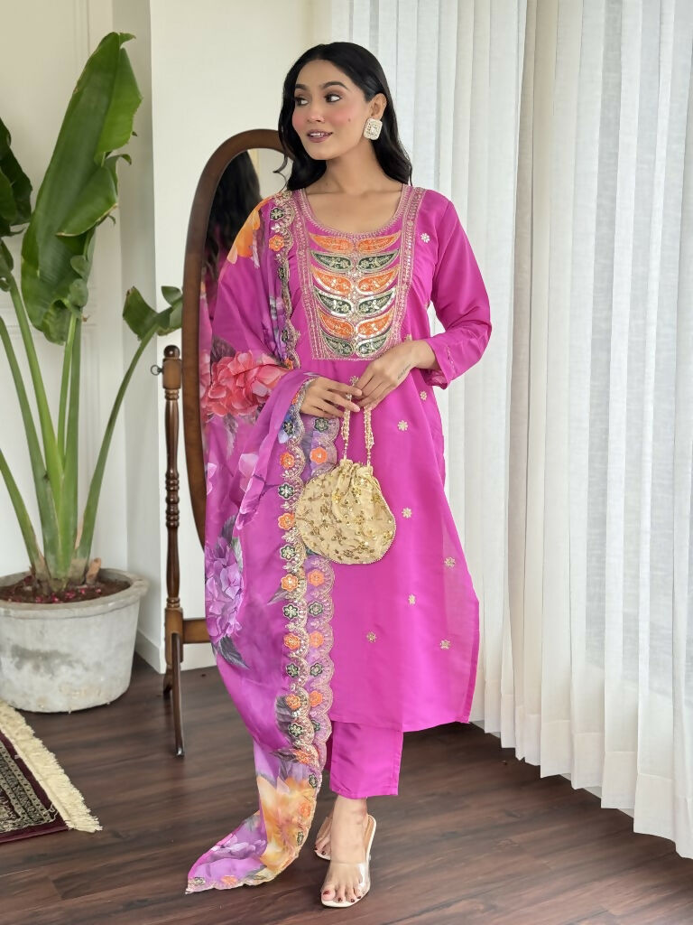 Light purple Viscose Chanderi Stitched Suit With Dupatta - Tanisha | Grocsy