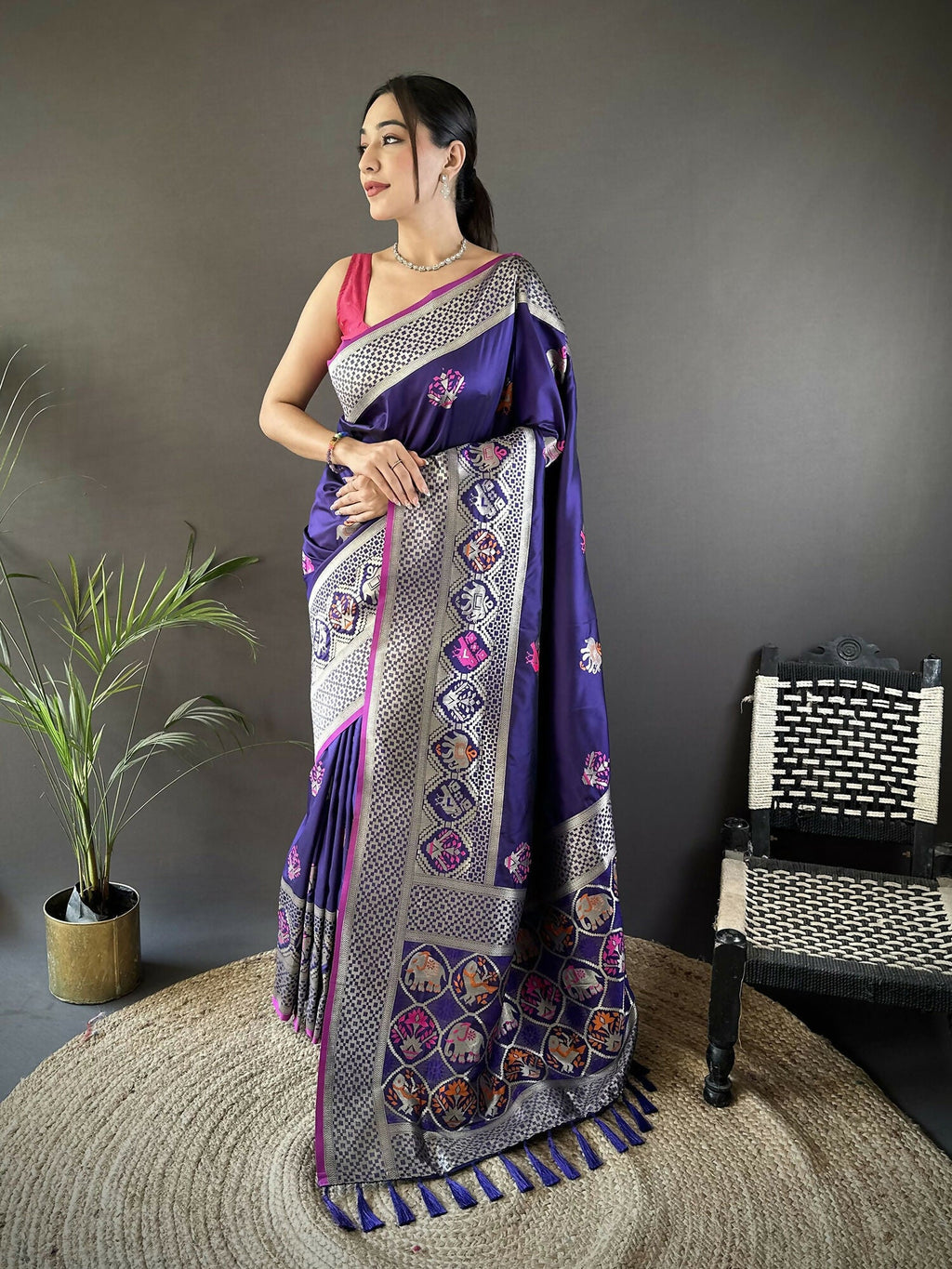 Joban Fashion Royal Blue Elephant & Floral Motifs Soft Lichi Silk Banarasi Saree | Grocsy