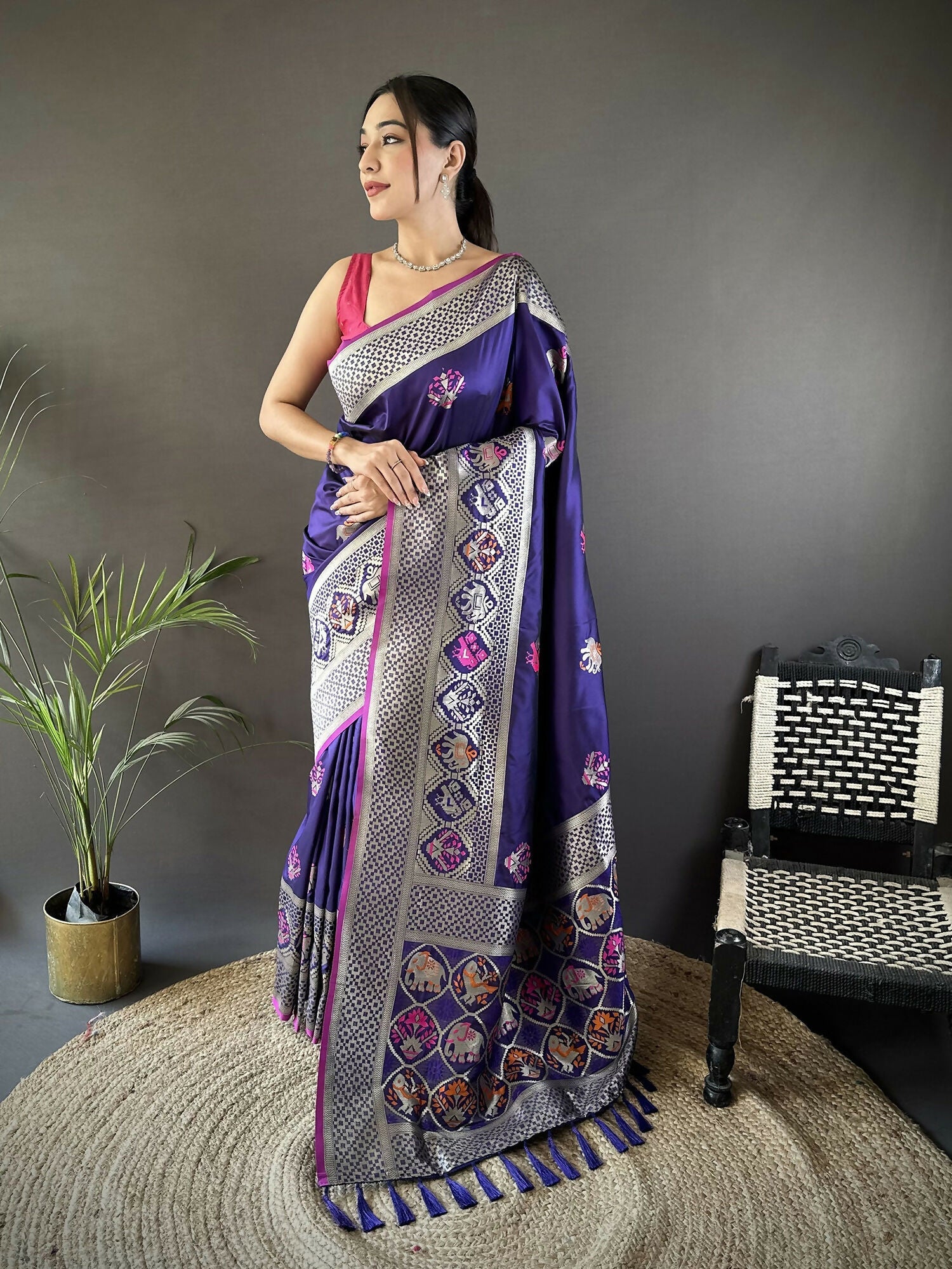 Joban Fashion Royal Blue Elephant & Floral Motifs Soft Lichi Silk Banarasi Saree | Grocsy