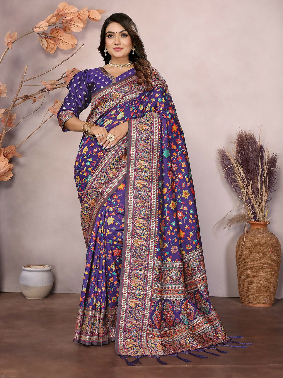 Joban Fashion Purple Meena Weaves Pashmina Sarees | Grocsy