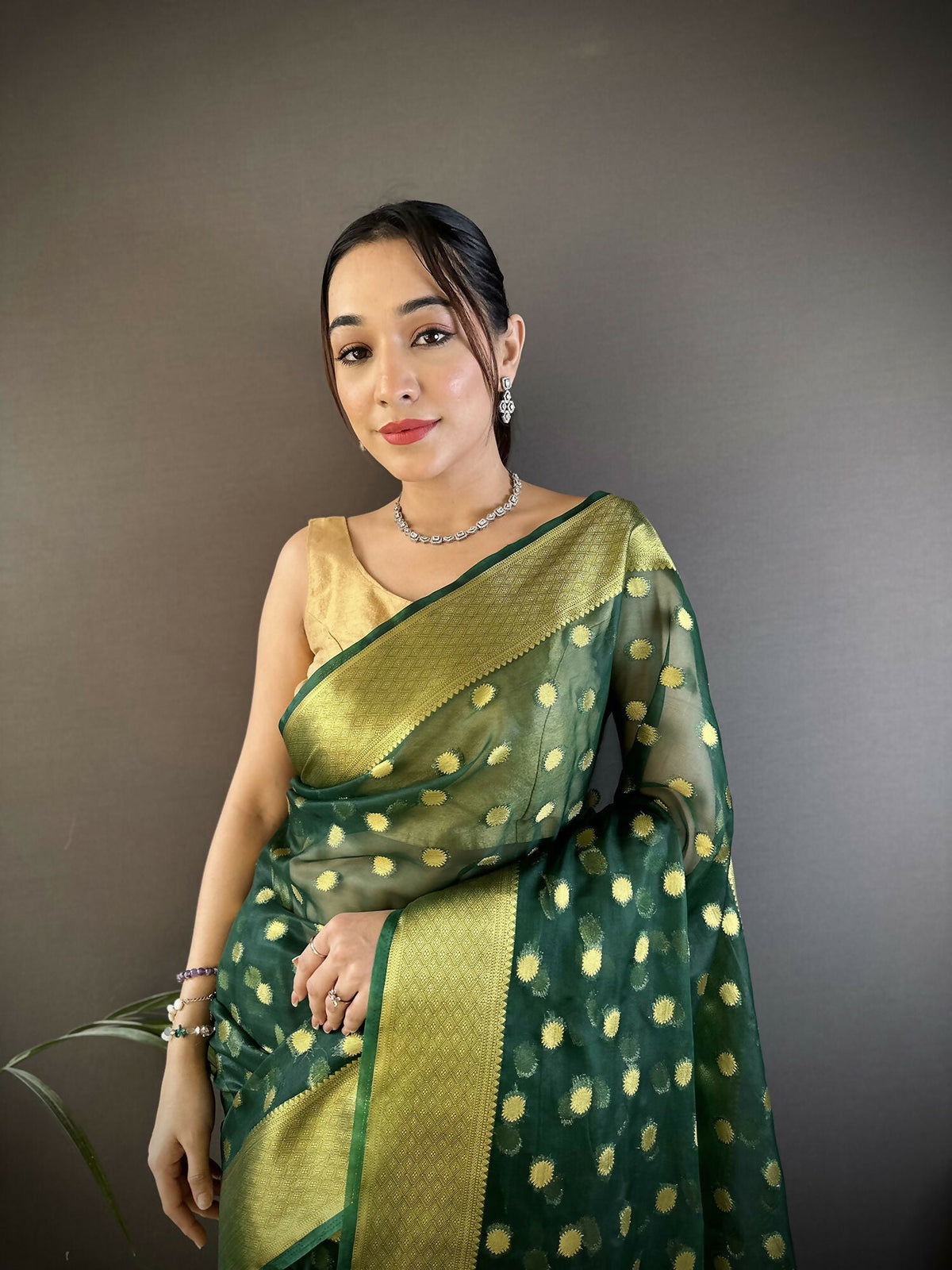 Joban Fashion Green Polka-Dot Zari Woven Organza Silk Banarasi Silk Saree | Grocsy