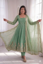 Teeya Creation Womens New Latest Trendy Elegant Pista Embroidered Anarkali Suit Set with Scalloped Dupatta | Grocsy