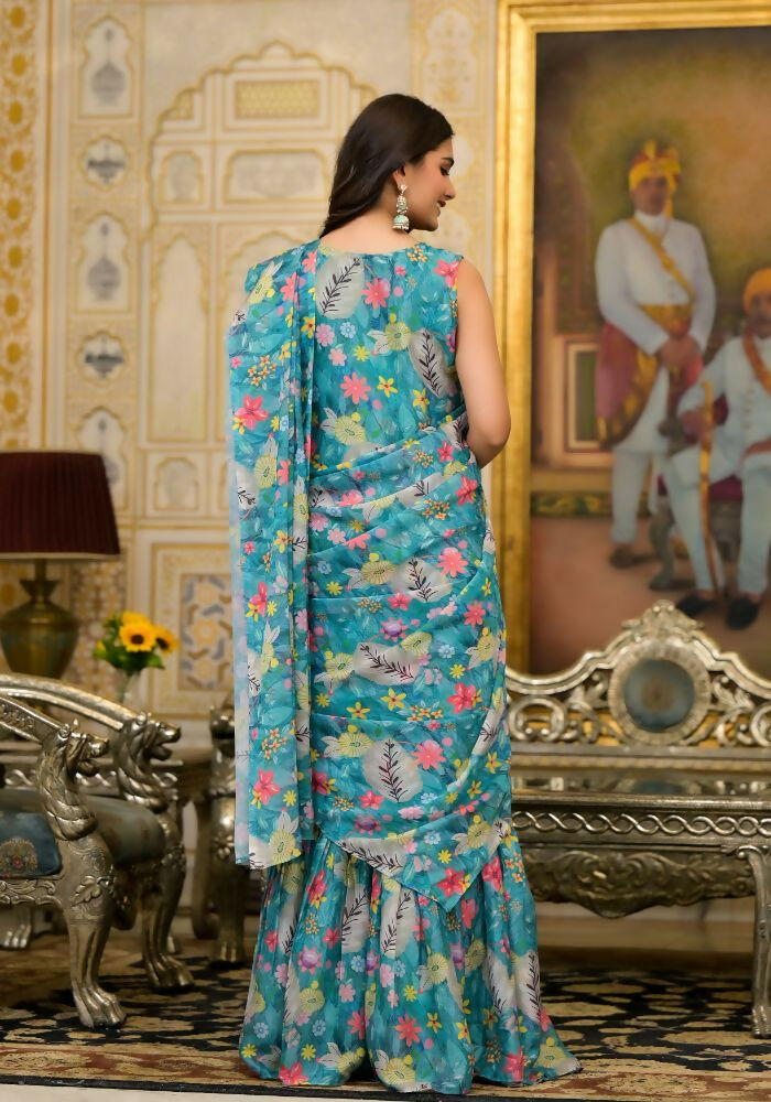 Partywear Designer Teal Slime Georgette Fancy Saree - Anbazaar | Grocsy