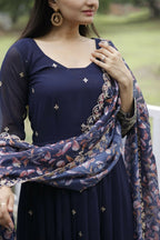 Jyoti Fashion Women's Navy Blue Faux Blooming Sequins with Zari Embroidery Anarkali Dress with Dupatta | Grocsy