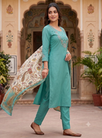 Teeya Creation Women Sky Green Embroidered Kurta Set With Dupatta | Grocsy
