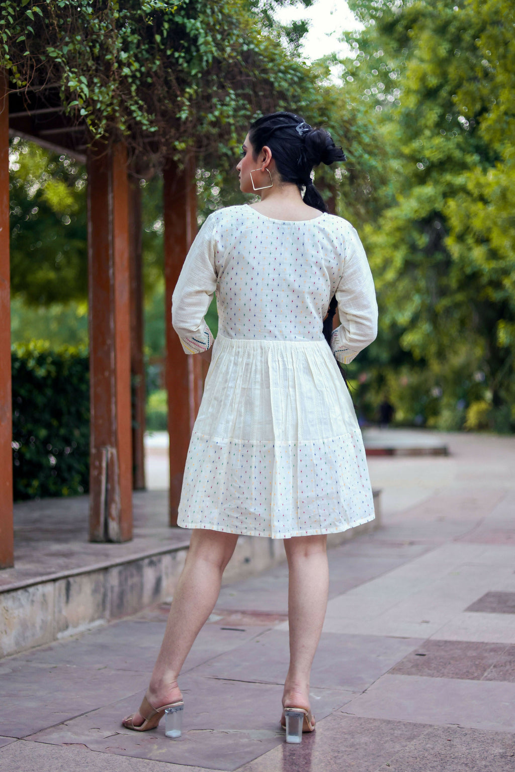 Aayaa Designer Multi Thread Hand Work Khadi Cotton One Piece Dress - Off White | Grocsy