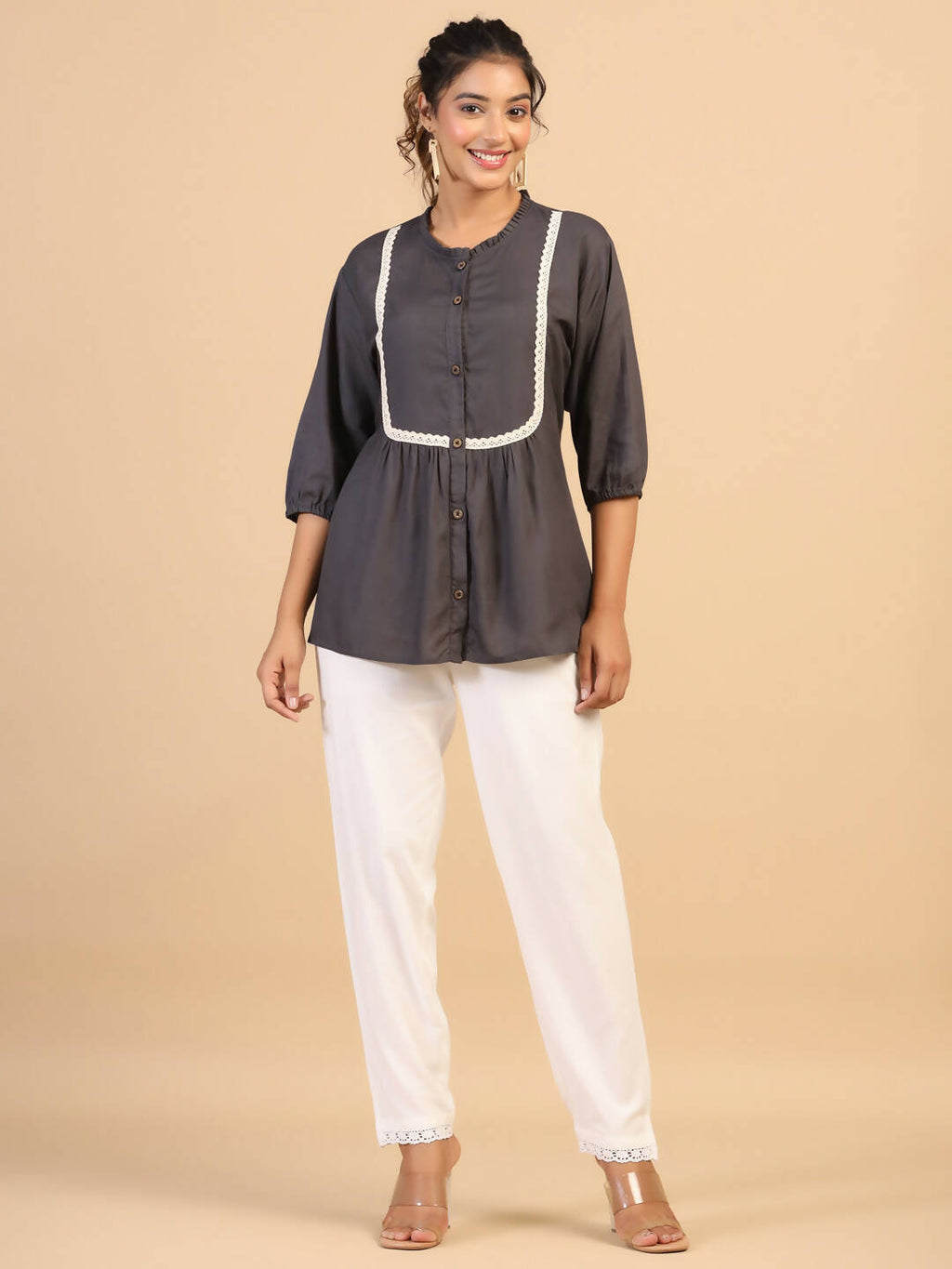 Womens Grey Rayon Solid Top - Keeva | Grocsy