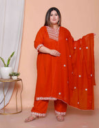 Miravan Womens Plus Size Floral Embroidered Rust Straight Cotton Kurta & Palazzo With Dupatta Set | Grocsy