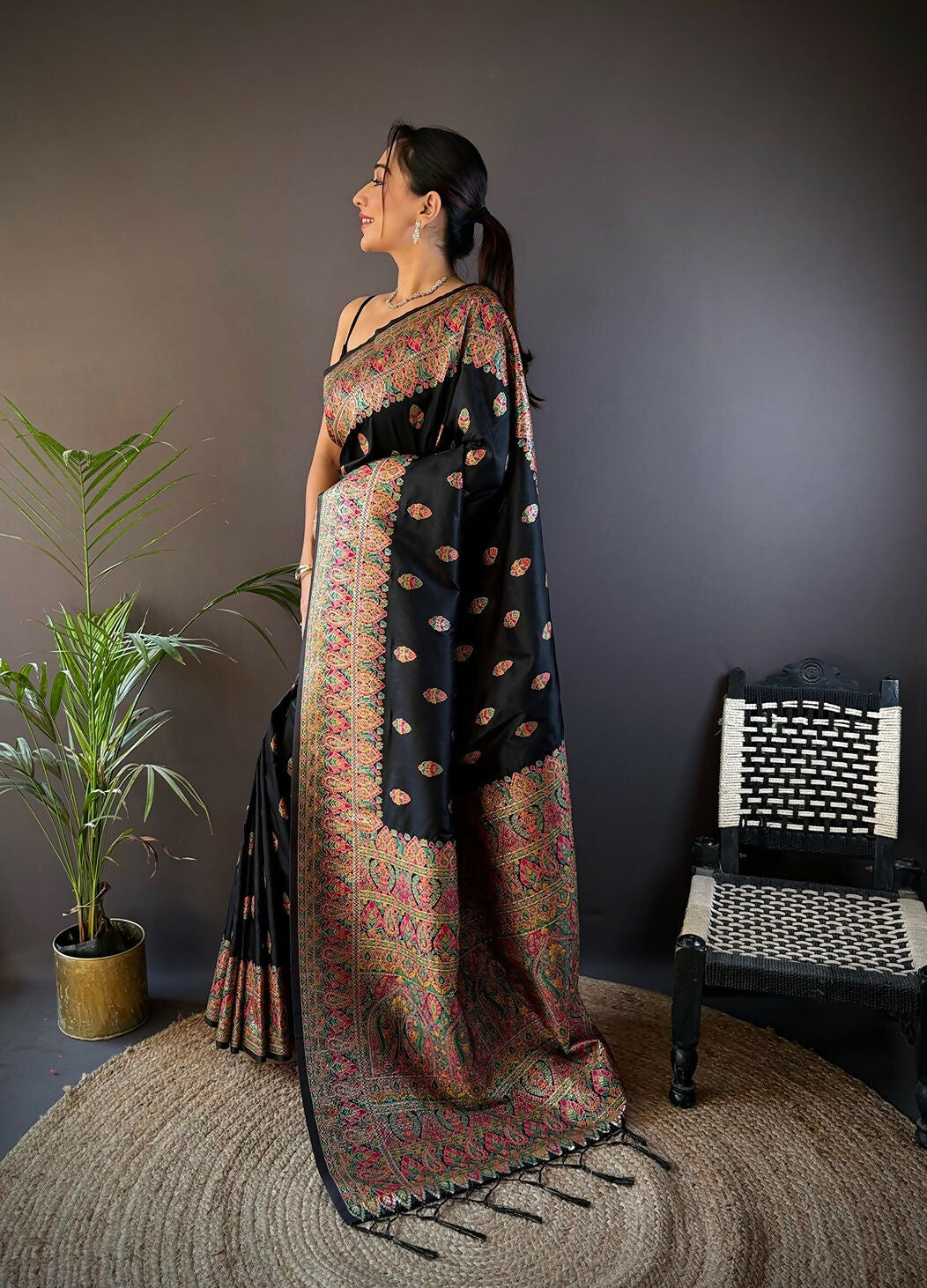 Joban Fashion Black Meena Weaves Pashmina Sarees | Grocsy