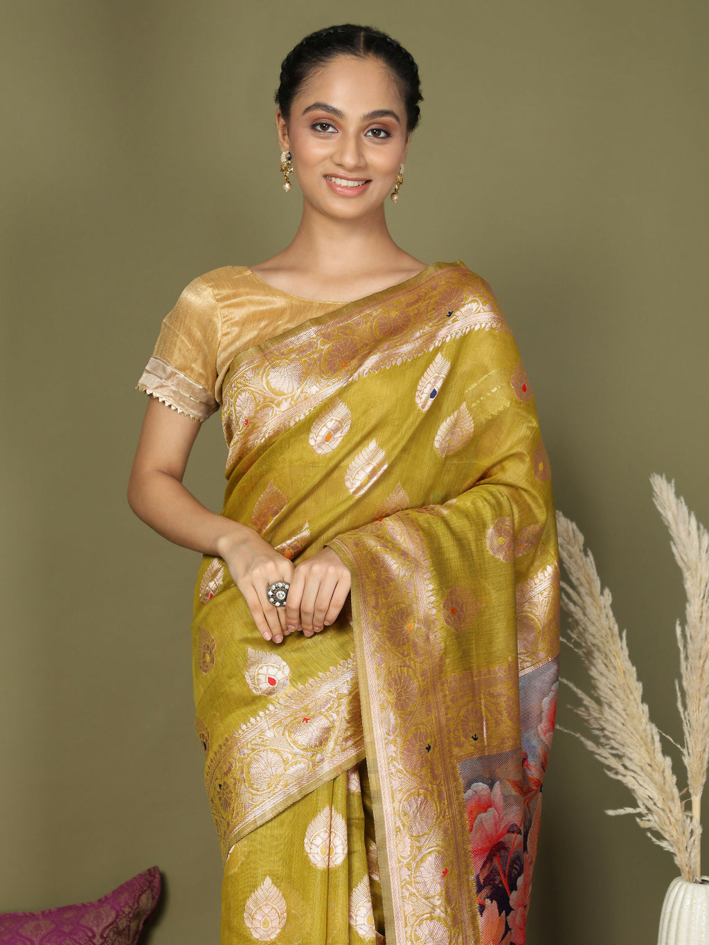 Shree Shyam Fashion Linen Cotton Mhendi Green Saree | Grocsy