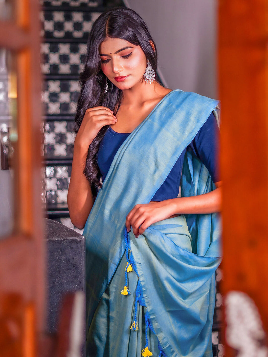 Zibaa Hand-Dyed Mul Cotton Teal Blue Saree with Tassels | Grocsy