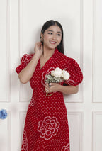 Miravan Womens Red Bandhani Printed Collar Neck Maxi Dress | Grocsy