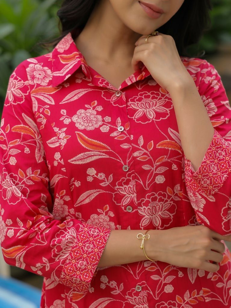 Aramya High Low Soft Cotton Floral Print Women's Kurta - Red | Grocsy