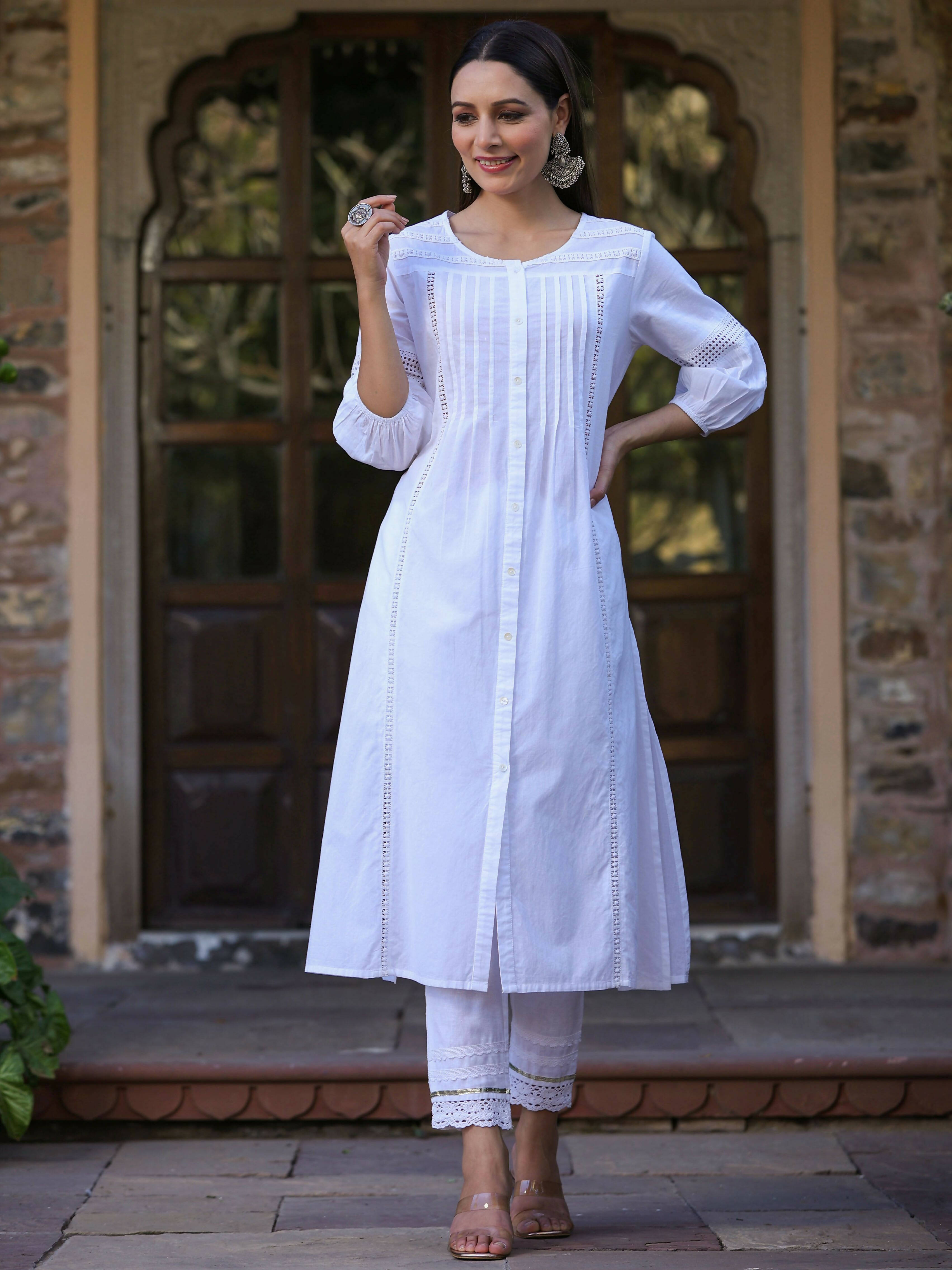 Juniper Women's White Cotton Cambric Solid A-Line Kurta | Grocsy