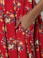 Manet Three Fourth Maternity Dress Floral Print With Concealed Zipper Nursing Access - Red | Grocsy
